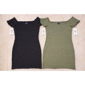 GAP Smocked Mini Dress Bundle Medium Petite Black & Olive Green Off Shoulder NWT